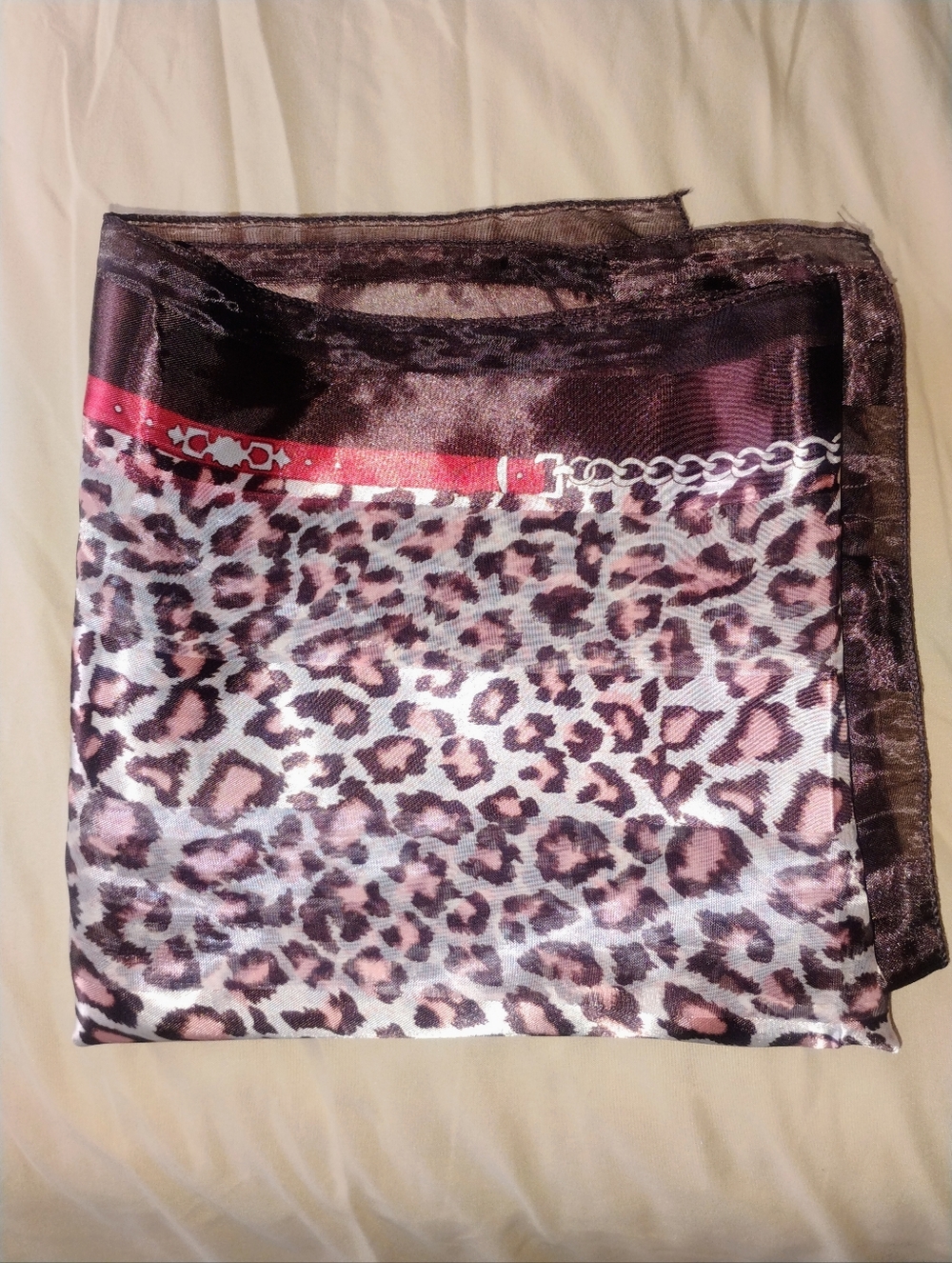 Leopard Print Satin Scarf with Brown and Pink Accents